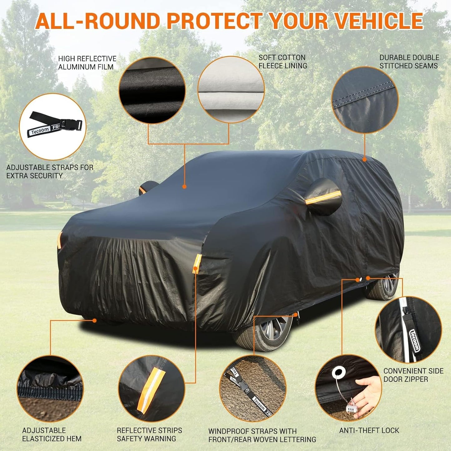 Tecoom SUV Car Cover Waterproof All Weather for Automobiles with Cotton Lock/Zipper Door, UV Snow Wind Dust Hail Storm Outdoor Car Tarp Covers, Universal Full Exterior Covers Fit for 216-230 Inch