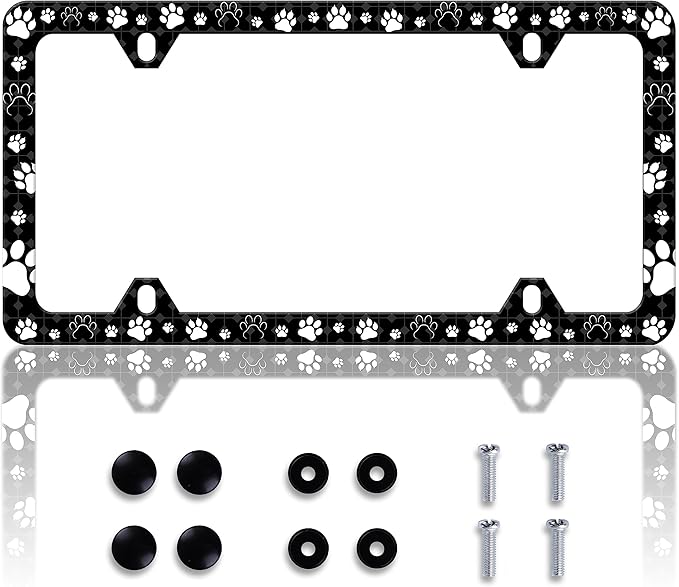 Dog Cat Paw License Plate Frame Pet License Plate Frames Personalise Stainless Steel Funny Design Compatible with Standard License Plate Holder for USA and Canada 6 X 12 with Screws