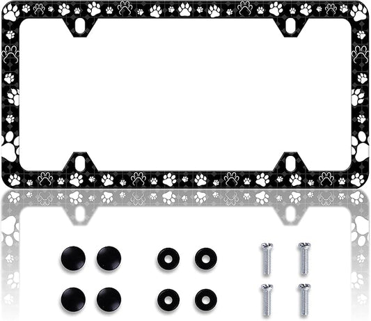 Dog Cat Paw License Plate Frame Pet License Plate Frames Personalise Stainless Steel Funny Design Compatible with Standard License Plate Holder for USA and Canada 6 X 12 with Screws