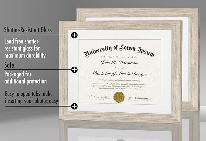 Americanflat 11x14 Diploma Frame with Shatter-Resistant Glass - Set of 2 - Use as 8.5x11 Frame with Mat or Display 11x14 Documents Without Mat - Legacy Collection - Certificate Frames - Driftwood