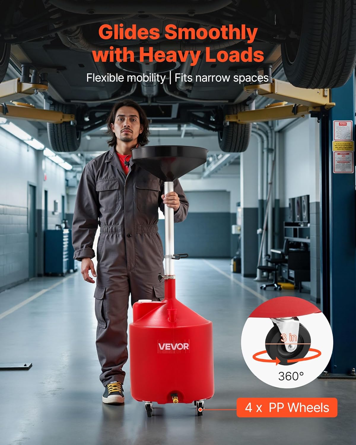 VEVOR 18 Gallon Waste Oil Drain Tank, Industrial Fluid Drain Tank with Adjustable Funnel Height, Portable Oil Drainer with Wheels, Fluid Fuel Transfer Drainage for Auto Repair Shops, Garages, Red