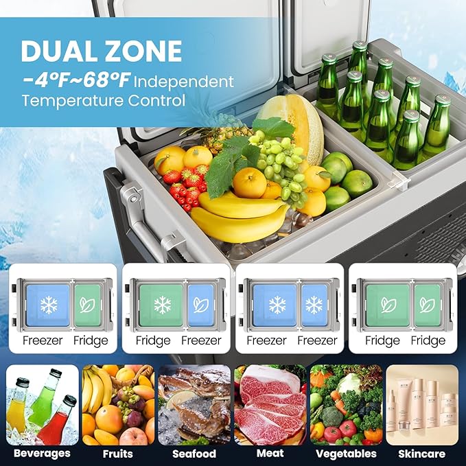 51 QT(48L) Portable Car Fridge, 12V Refrigerator Electric Cooler with Wheels & Handle, Dual Zone -4℉-68°F, App Control, AC/DC Charger, Car Fridge Freezer Coolers for Camping Vehicle Travel