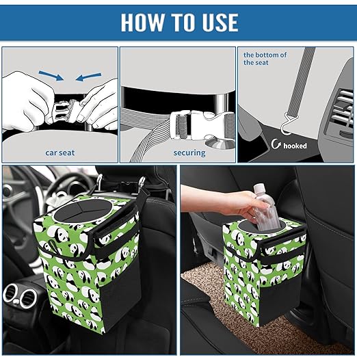 Car Trash Can Panda Collection Wate-rproof Auto Garbage Bag Car Trash Can with Lid Leak-Proof Car Storage Bag Hanging for Headrest Collapsible and Portable with Storage Mesh Pocket
