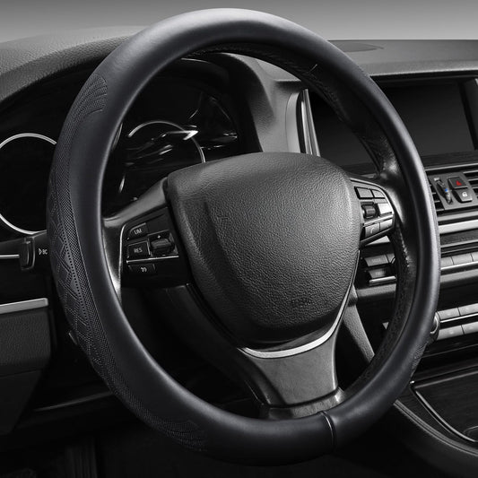 【2025 Model】 High-Grade Real Cowhide Steering Wheel Cover，Black Genuine Leather Steering Wheel Cover for Cars,Universal 15 inch Steering Wheels,Grid & Square Motif