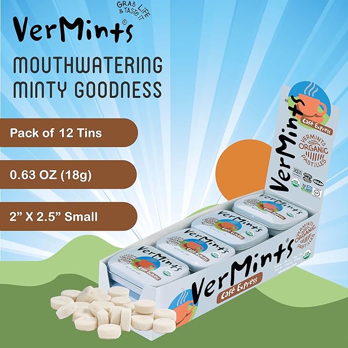 VerMints Organic Breath Mints Café Express - Real Ingredients, Lasting Coffee Flavor - Travel Size Tins - Non-GMO, Nut Free, Gluten Free, Vegan & Kosher Coffee Candy - .63oz/18g (Pack of 12)