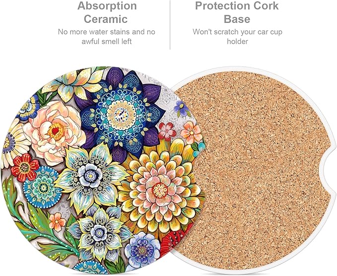 Car Cup Holder Coaster, Car Coasters for Cup Holders, 2 Pack Universal Anti Slip Insert Absorbent Ceramic Auto Interior Accessories with A Finger Notch & Cork Base, Mandala Flowers