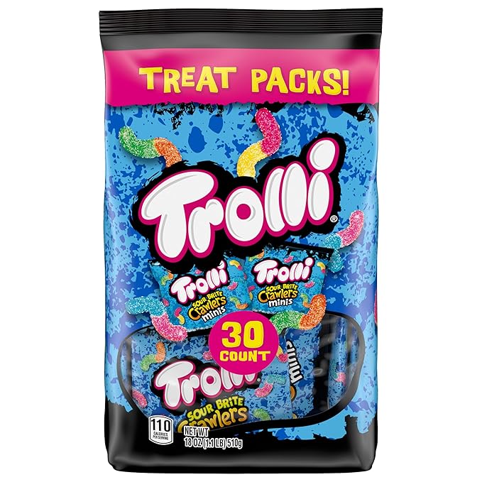 Trolli Mini Sour Brite Crawlers Candy, Cherry-Lemon, Strawberry-Grape & Orange-Lime, Sweet and Sour, Gummy Worms, 18 oz (30 ct)