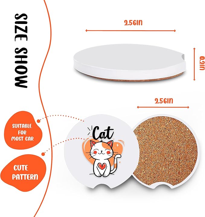 2 Pack Cat Car Cup Holder Coaster, Cute Car Interior Accessories Drink Coaster for Women & Men, Cat Lovers Themed Gifts Stuff Accessories Things Merchandise Items!