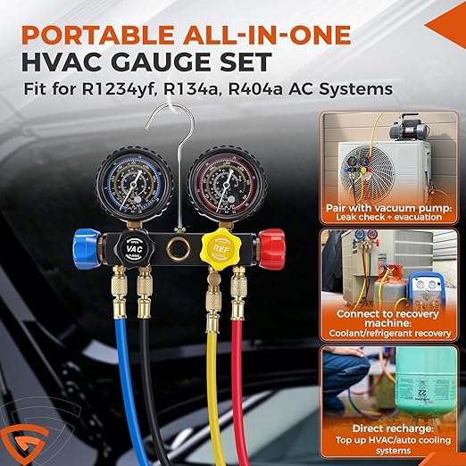 GEARLAST 4 Way AC Manifold Gauge Set for 1234yf R134a R404a Refrigerant, HVAC Automotive Gauge Set AC Refrigerant Charging Recovery Tool Kit with Quick Couplers