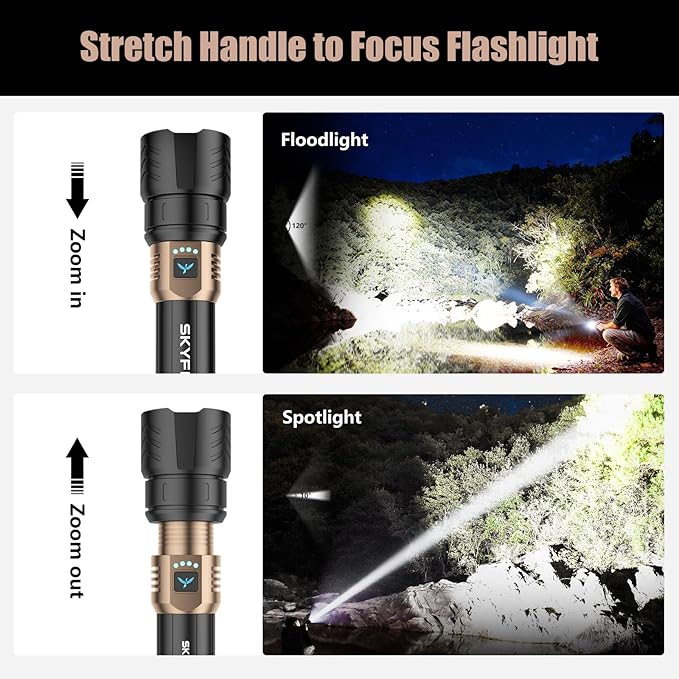 SKYFIRE LED Flashlights High Lumens with Ignition Lens&Color-Changing Yellow/Blue Lenses,2000lm Super Bright Rechargeable,Zoomable,4 Modes,Waterproof Tactical Light for Camping,Outdoor,Home&Gifts