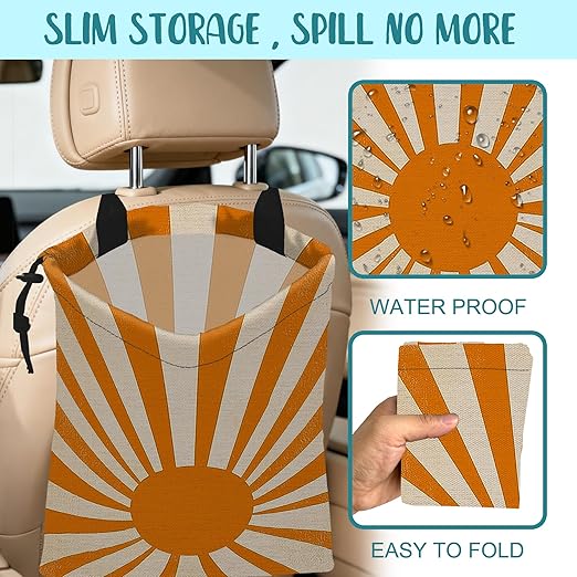 Car Trash Bag Retro Orange and White Sunray Leak-Proof Waterproof Car Garbage Bag with Drawstring Foldable Canvas Trash Bin with Adjustable Buckle for Car Accessories, Travelling, Camping