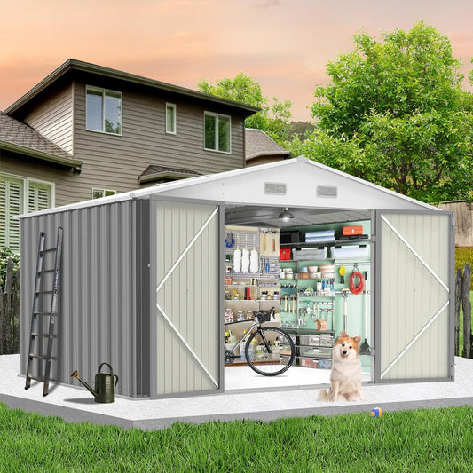 12x10 Ft Outdoor Storage Shed, Large Steel Multipurpose Yard Shed, Metal Outdoor Tool Shed with Sloped Roof and Door Lock Design for Organizing Tools & Equipment in Yard, Garden, Grey