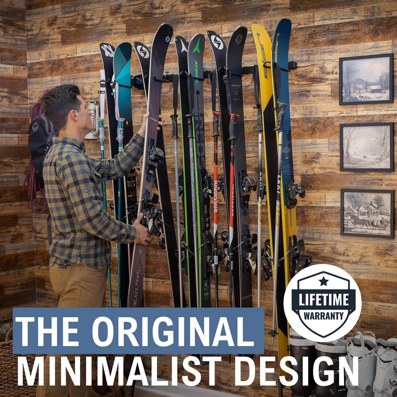 StoreYourBoard Lone Peak Ski Storage Rack, Wall Mount Organizer Holds 5 Pairs of Skis and Poles, Supports 300 lbs, 46 in x 8 in x 3.5 in