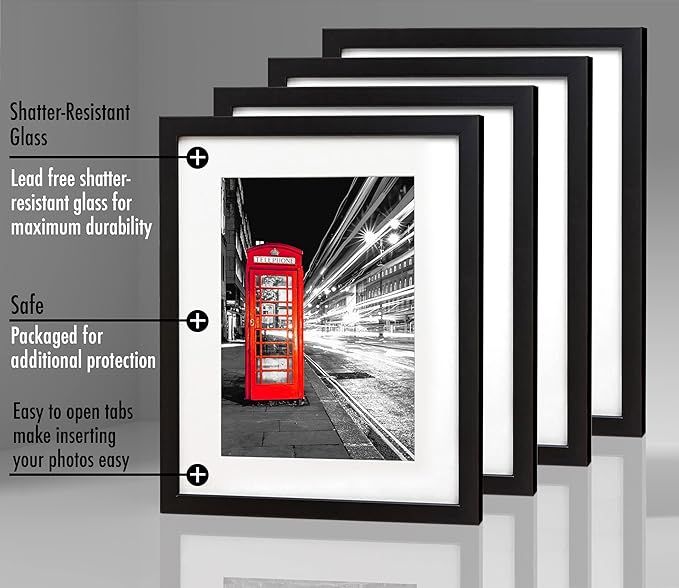 Americanflat 11x14 Picture Frame with Shatter-Resistant Glass - Set of 4 - Use as 8x10 Frame with Mat or Display 11x14 Photo Without Mat - Signature Collection - Picture Frames for Wall - Black