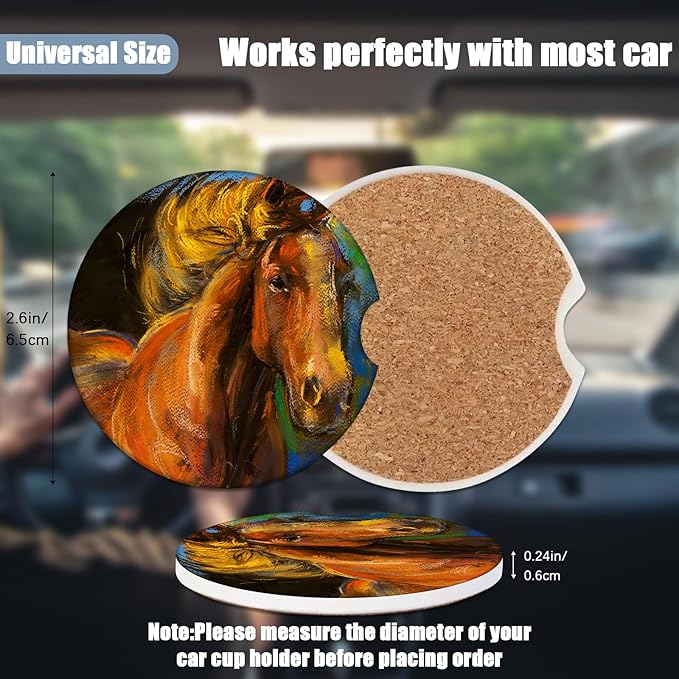 Car Cup Holder Coaster - Watercolor Horse Absorbent Ceramic Coaster 2 Pack, Car Coasters for Cup Holders, Fashion Car Interior Accessories Drink Coaster for Women & Men