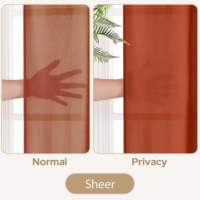 HOMEIDEAS Non-See-Through Fall Burnt Orange Privacy Sheer Curtains, 52 X 63 Inches Long 2 Panels Sheer Curtains Light Filtering Window Drapes for Bedroom Living Room