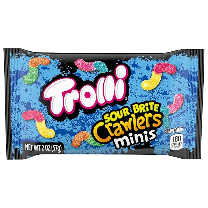 Trolli Sour Brite Crawlers Minis Candy, Sour Gummy Worms, 2 Ounce Treat-Size Pouches (Pack Of 18)
