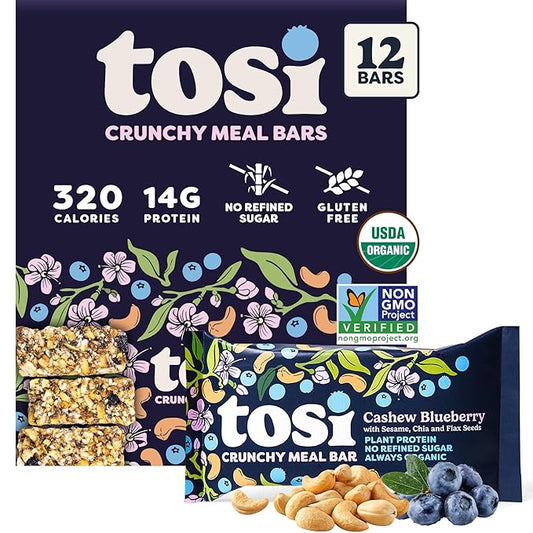 Tosi Cashew Blueberry Protein Bars, Plant Based with Nuts, Gluten-Free Crunchy Snacks, Vegan, Organic, Flax & Chia Seeds, Soy-Free, Omega 3s, 12G Protein, 2.4 oz, 12-Pack