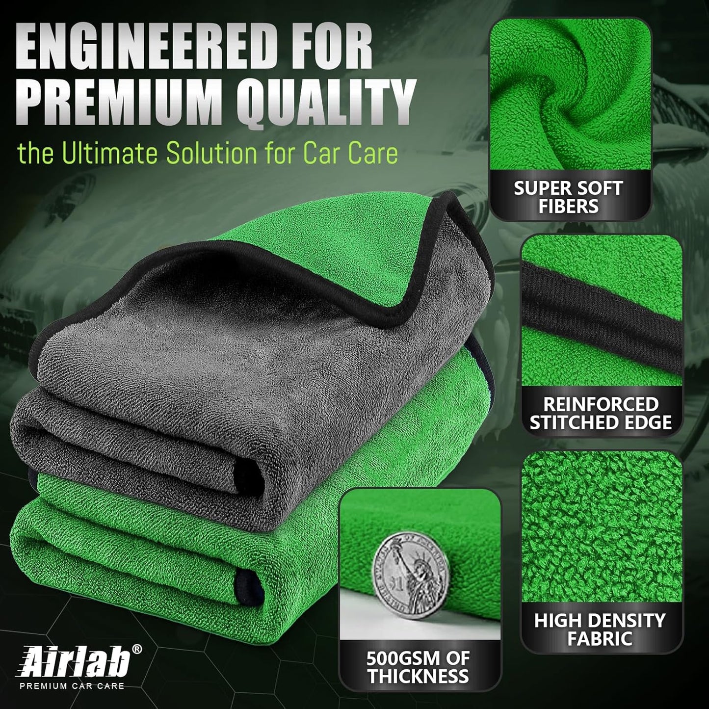Airlab Microfiber Towels for Cars Wash Drying Thick Plush Cleaning Cloth Auto Detailing Super Absorbent for Interior & Exterior Lint Free, Streak Free, 35 x 24 Inch, 500 GSM, Pack of 2, Grey-Green