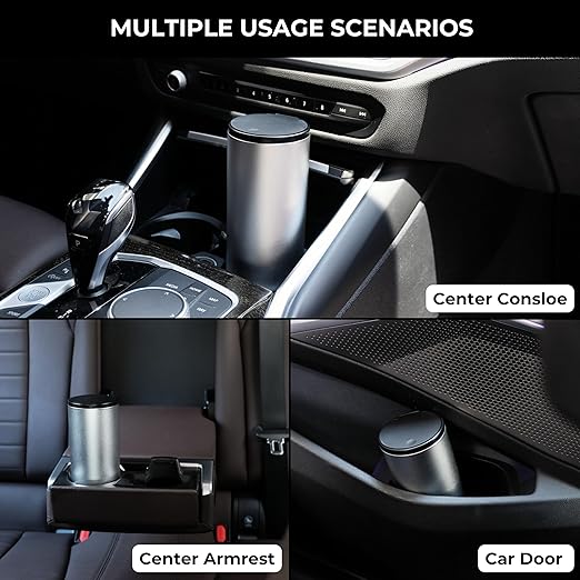 Car Trash Can with Lid, Leakproof Mini Car Garbage Can, Aluminum Alloy Car Trash Bin, Car Accessories (Sliver)
