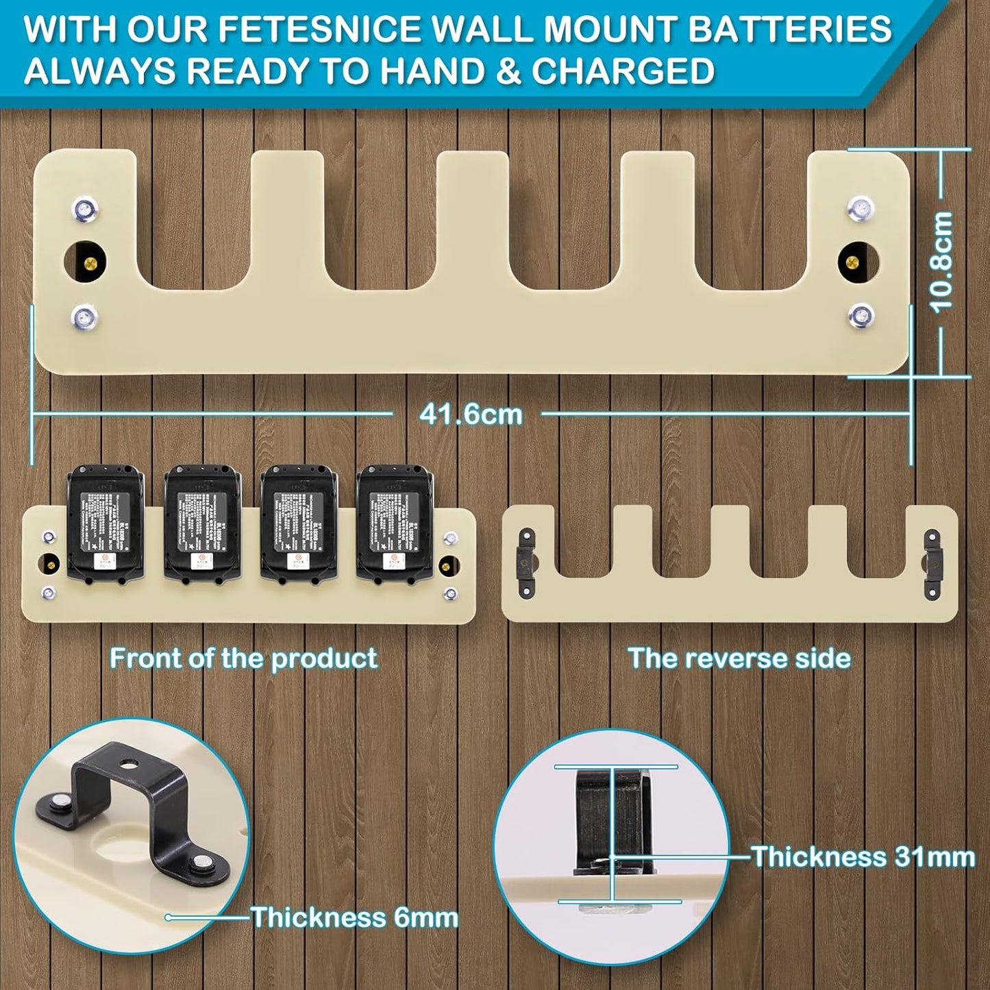 FETESNICE Battery Holder Wall Mount for Makita,4-Slot Battery Storage Rack Compatible with Makita 14.4/18V Batteries BL1815N BL1820B BL1830B BL1840B BL1850B BL1860B BL1415NBL1830B BL1450