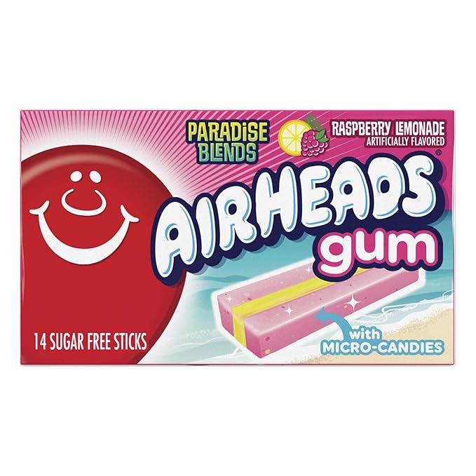 Airheads Candy, Chewing Gum, Raspberry Lemonade Flavor, Sugar Free, Xylitol, 14 Sticks per Pack, Box of 12 Packs