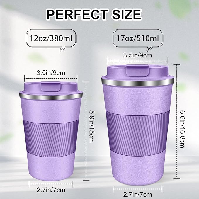 Coffee Travel Mug 12 oz & 17 oz Insulated Coffee Mug with Lid Portable Spill-Proof Coffee Travel Mug No Handle Reusable Stainless Steel Mug Keeps Cold and Hot Suitable for Car, Daily, Travel and Gifts