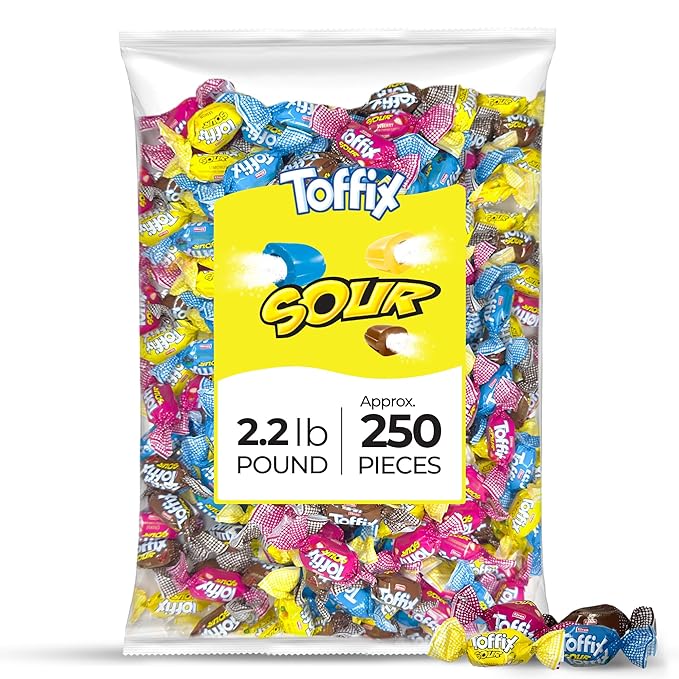 Toffix Sour Chews, Center-Filled Soft Chewy Candy, 250 Pieces of Individually Wrapped Snacks for Kids & Adults, Strawberry, Blueberry, Lemon & Cola Flavored Chewy Candies - 2 Pound Bulk Bag