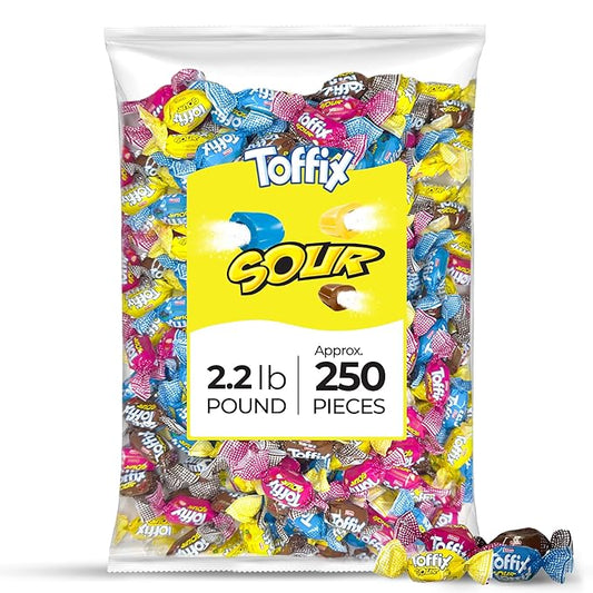 Toffix Sour Chews, Center-Filled Soft Chewy Candy, 250 Pieces of Individually Wrapped Snacks for Kids & Adults, Strawberry, Blueberry, Lemon & Cola Flavored Chewy Candies - 2 Pound Bulk Bag