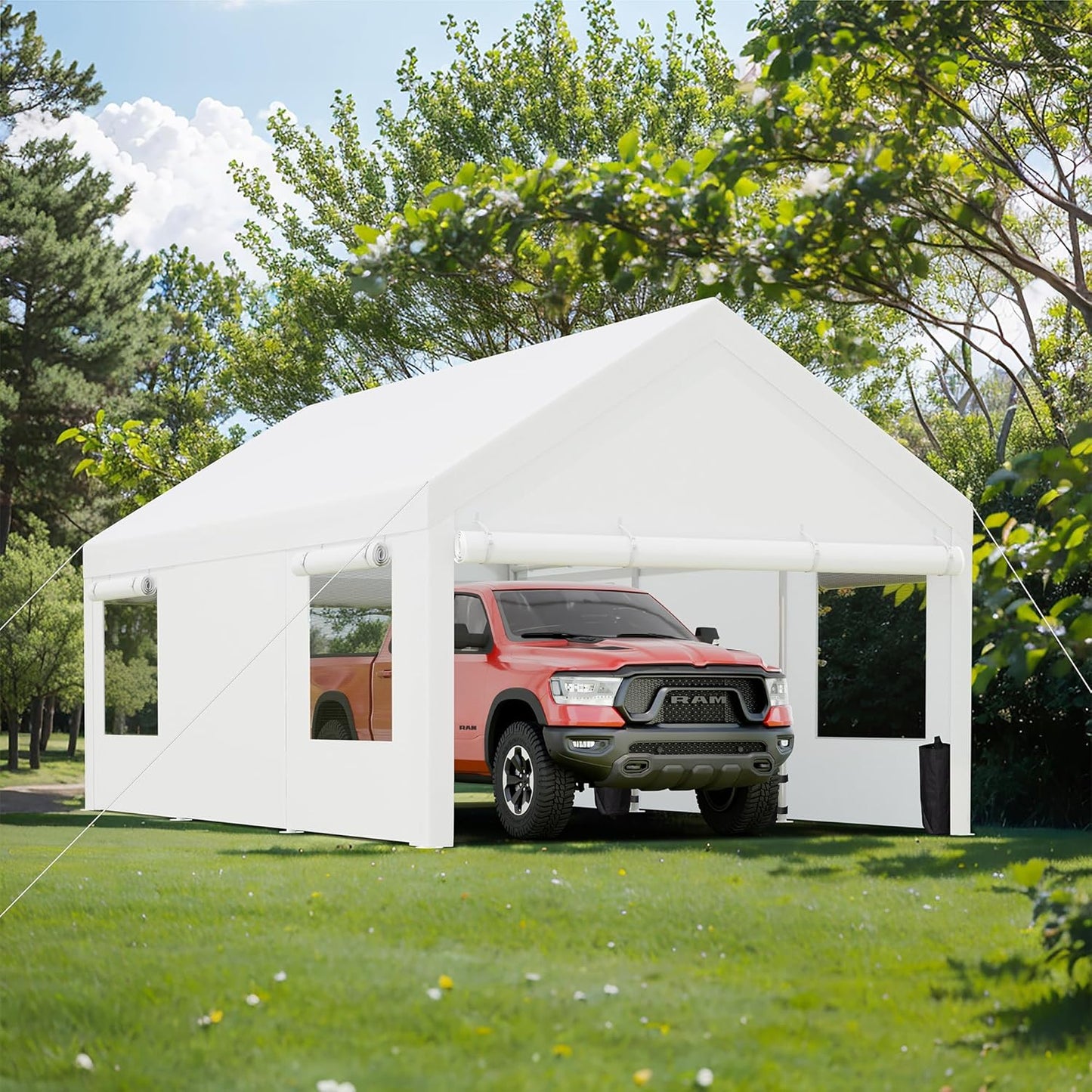 JY QAQA Carport, 10x20 FT Heavy Duty Carport with Removable Side Walls and Doors, Portable Garage with Roll-Up Window and Sandbags, Car Canopy with All-Season Tarp for Cars, Trucks, Boats, White
