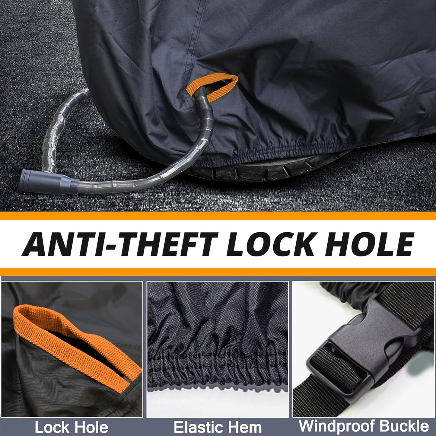 Motorcycle Cover,Waterproof Zipper Outdoor Cover for All Seasons Windproof, High Heat Resistance Dustproof and Rainproof Snowproof(Orange Zipper XL Fits Up to 97 inch)