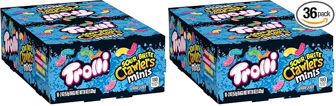 Trolli Sour Brite Crawlers Minis Candy, Sour Gummy Worms, 2 Ounce Treat-Size Pouches (Pack Of 36)