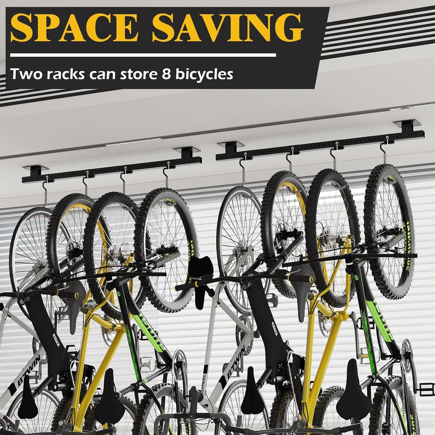 640Lbs Ceiling Mounted Bike Rack, Bike Storage Rack with 8 Adjustable Hooks, Indoor Metal Bike Rack Hanger Storage, 2pcs Set Bike Racks for Home and Garage, Up to 8 Bikes