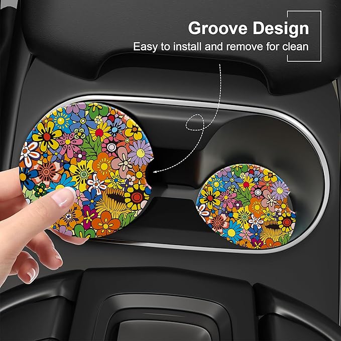 Bright Colorful Flowers Car Cup Holder Coaster, Car Coasters for Cup Holder, 2 Pack Vivid Spring Floral Anti-Slip Absorbent Ceramic Car Cup Coasters with Finger Notch Cork Base for Women Men 2.56"