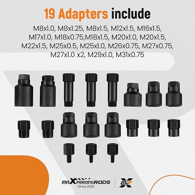 maXpeedingrods Pneumatic Injector Puller Set, 24 pcs 5-8 Bar Air Vibration Diesel Fuel Injector Removal Tool Kit with Extractor Hammer, 19 Adapters, Extension Hose, and EU US JP Connectors