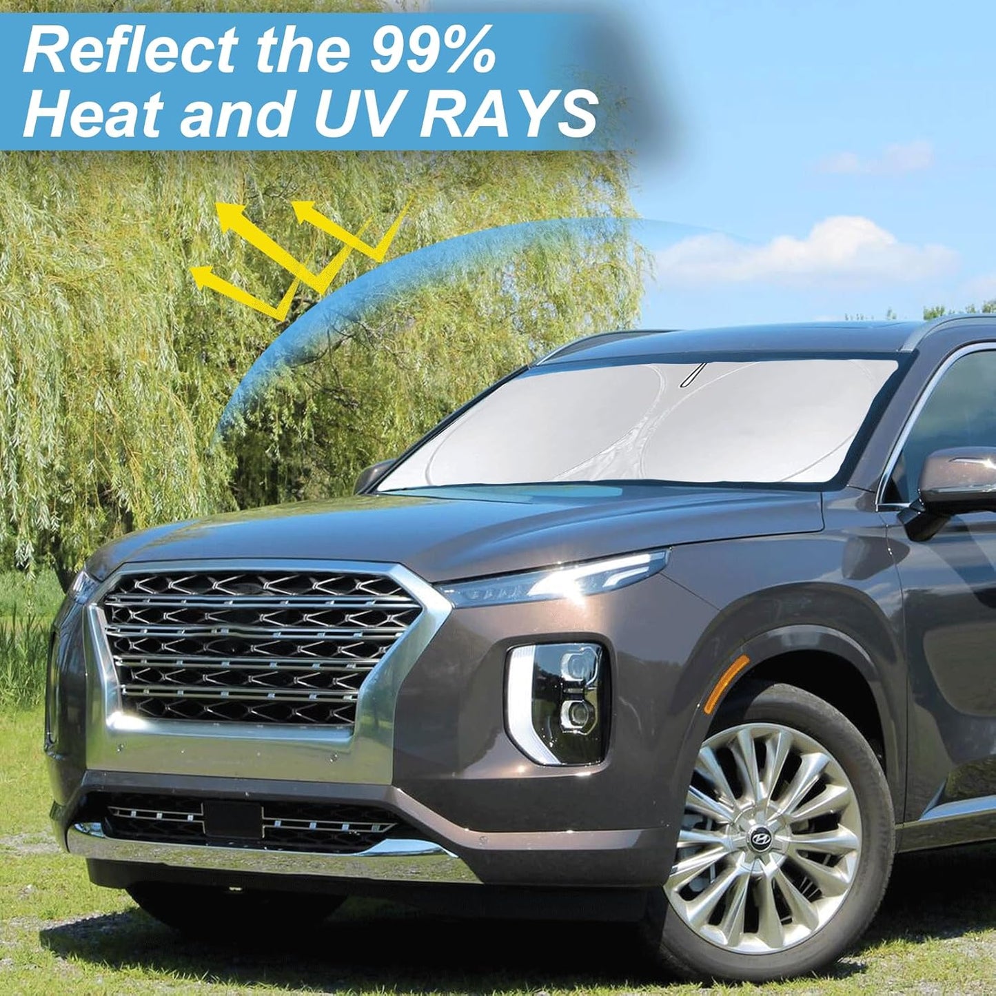 Sunshade for Hyundai Palisade 2020 2021 2022 2023 2024 2025 2026 Car Sun Shade Windshield Accessories Foldable Front Window Sun Visor 210T Reflective Fabric Protector Block Rays