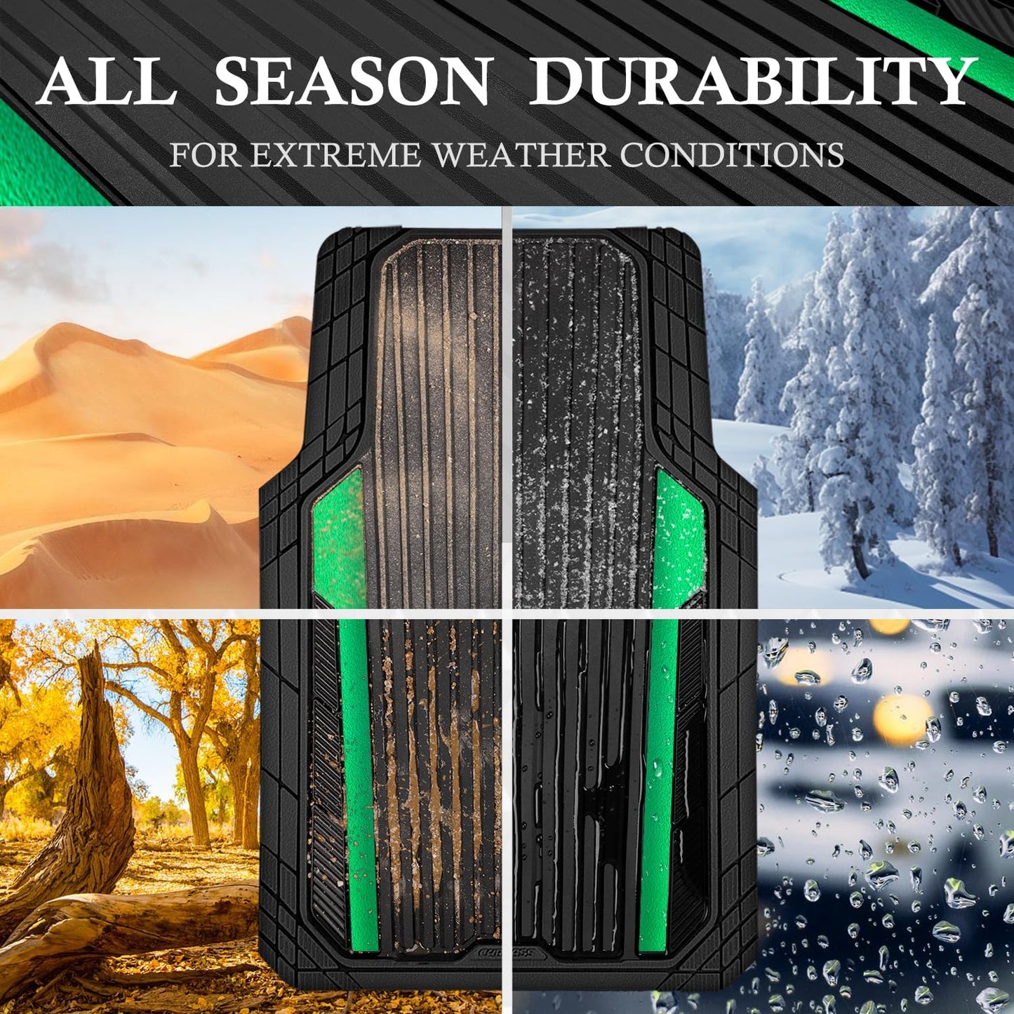 CAR PASS Heavy Duty Rubber Car Mats Metallic,Aluminum Film All Weather Floor Mats Waterproof Universal Trim to Fit SUVs Sedans Vans 4 Piece Anodized Deep Dish Two-Tone Sporty Black Green Chrome