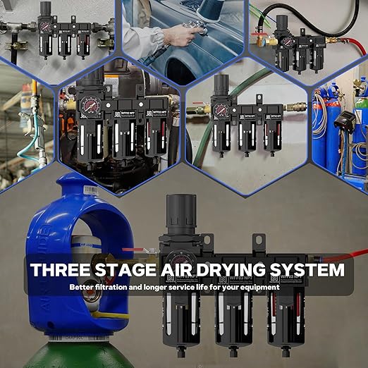 NEWPO 1/2" Three Stage Air Drying System Compressed Air Filter Regulator for Spray Guns,Air Pressure Regulator Combo 5＆0.5&0.01 Micron Filter Cartridge,Semi-Auto Drain, Metal Bracket Black