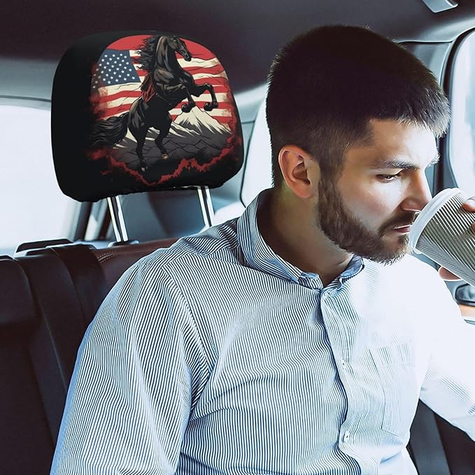 Dujiea 2 Pack Horse Jumping Mountain American Flag Car Headrest Covers, Universal Soft Car Seat Head Rest Cover Protector, Vehicle Accessories Fabric Headrest Cover for Cars Vans Trucks