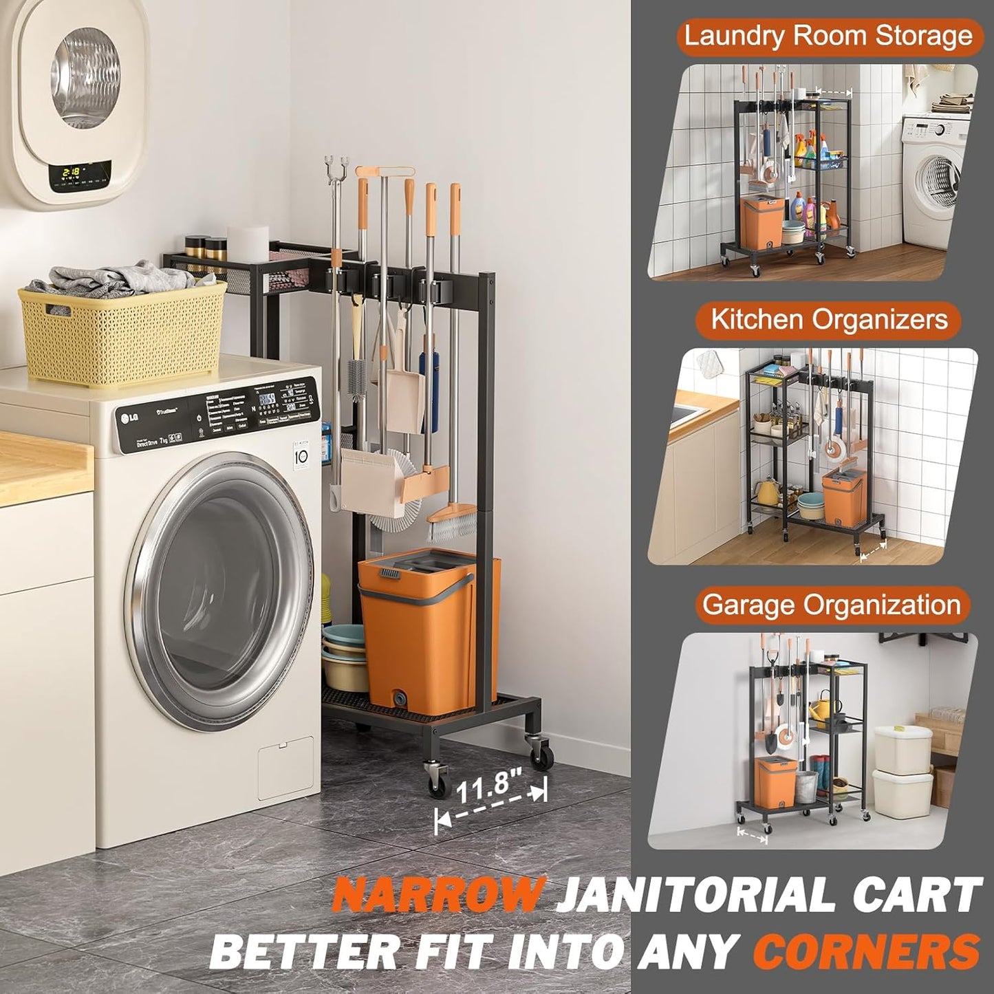 Broom Holder with Cleaning Supplies Organizer, Broom Closet Storage Cabinet with Cleaning Caddy, Cleaning Cart with Mop Hanger Gripper Rack Hooks,Janitorial Cart,Utility Carts Household Essentials