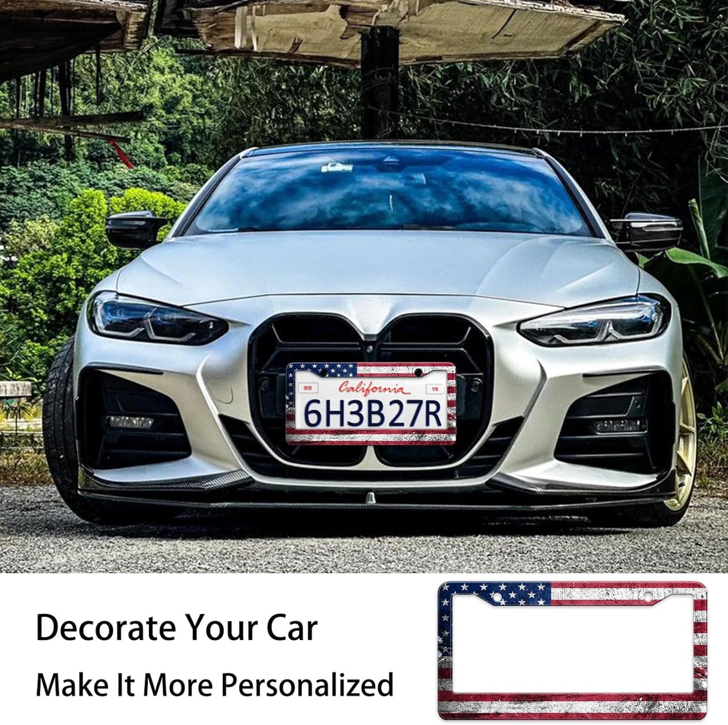 Vintage American Flag License Plate Frame, Retro USA Flag License Plate Holder Covers, Metal Aluminum Rustproof License Plate Frame Car Accessories for Women Men 2 Holes with Screw Caps