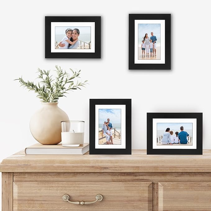 Americanflat 5x7 Picture Frame with Shatter-Resistant Glass - Set of 4 - Use as 4x6 Frame with Mat or Display 5x7 Photo Without Mat - Signature Collection - Picture Frames for Tabletop or Wall - Black