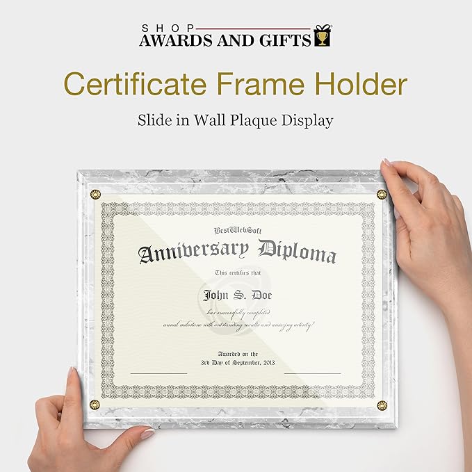 SHOP AWARDS AND GIFTS 8.5 x 11 Certificate Frame Holder, Slide in Wall Plaque Display, 10.5 x 13 Inch Board, White