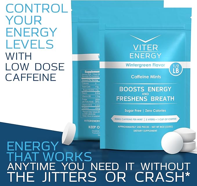 Viter Energy 40mg Caffeine Mints - Sugar Free, B Vitamins, Vegan, Boosts Fast Energized Alert Focus, Caffeinated Nootropic Supplement Pills (Wintergreen Flavor, 8oz, Bulk Bag)