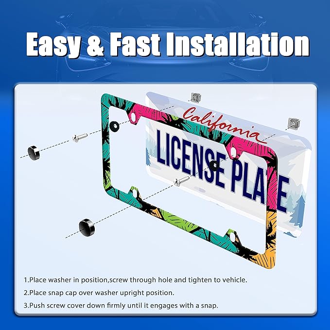 Tropical Palm Trees License Plate Frame Colorful License Plate Stainless Steel Auto Parts Funny License Plate Decorative with Screws Size 12.3" x 6.3" for Men Women