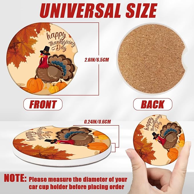 Thanksgiving Turkey Car Coasters for Cup Holders, Fall Pumpkin Absorbent Ceramic Car Coaster Car Cup Holder Coaster Car Accessories for Women Men (2 Pack)