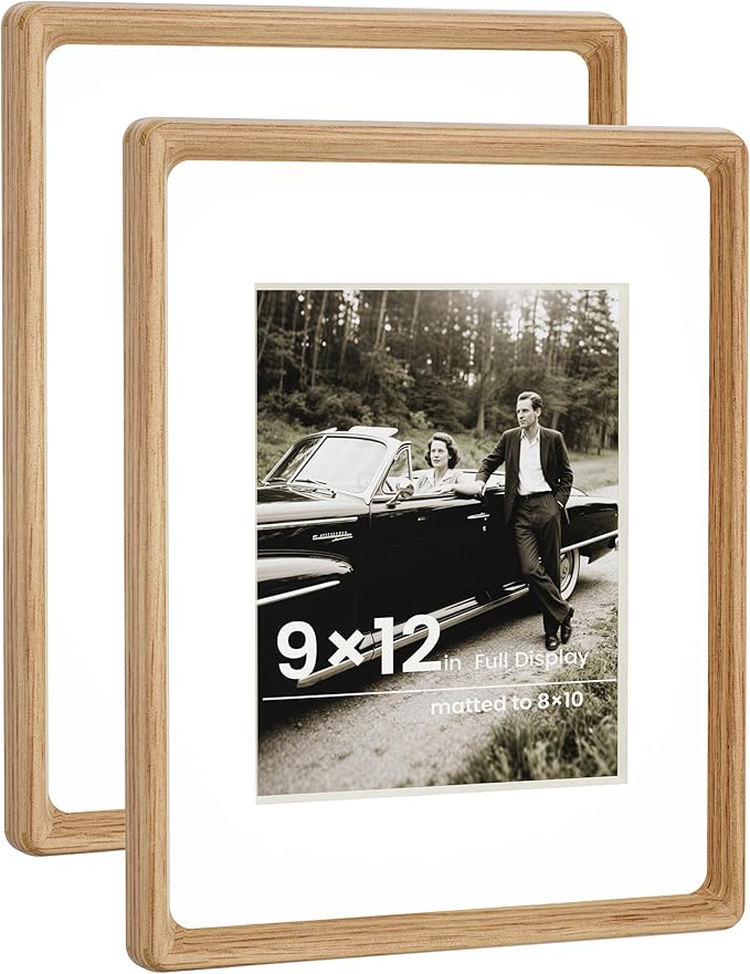 HELPLEX 9x12 Premium Picture Frame Set of 2 - Solid Oak Wood with HD Tempered Glass, Convertible 8x10 Matted or 9x12 Frameless Display, Wall or Tabletop Frame - Home Gallery, Memories Made Easy
