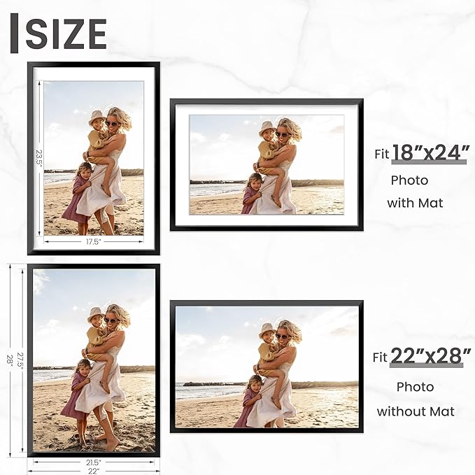 Heimlove 22x28 Aluminum Picture Frames, Large 22x28 Poster Frames for Wall, Versatile Wall Display Frames with Mat for 18x24 Photos for Home, Bedroom, Office, Wall Hook Included - 1Pack, Black