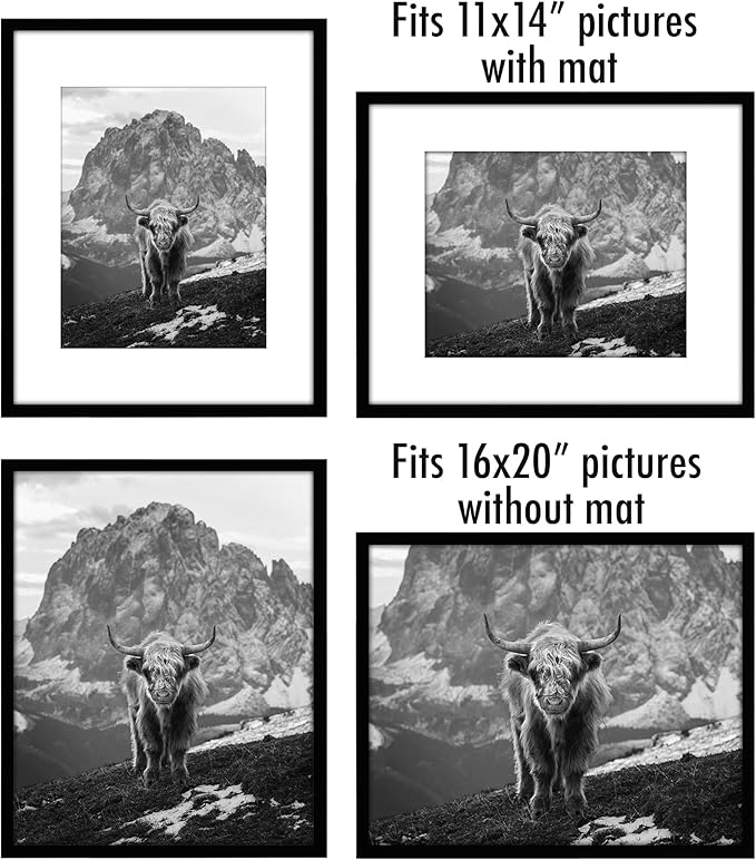 Americanflat 16x20 Picture Frame with Polished Plexiglass - Set of 5 - Use as 11x14 Frame with Mat or Display 16x20 Photo Without Mat - Galleria Collection - Picture Frames for Wall Display - Black