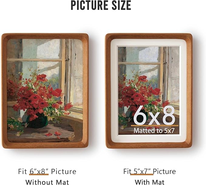 Natural Picture Frame,Display Picture 5x7 with Mat or 6x8 Without Mat,by Plexiglass,Teak Wood Photo Frame, Wall or Tabletop Decor Display